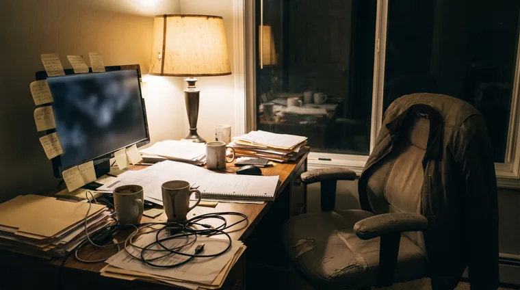A cluttered desk at 9pm, the owner has just stepped away