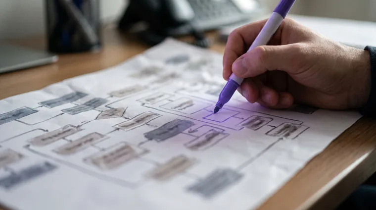 A hand annotating a workflow diagram